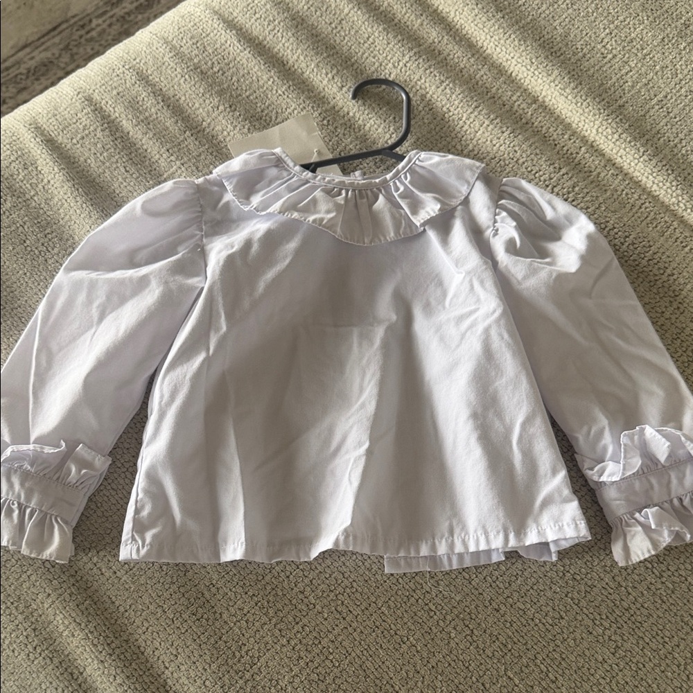 Girls White Ruffle Collar Long-Sleeve Top